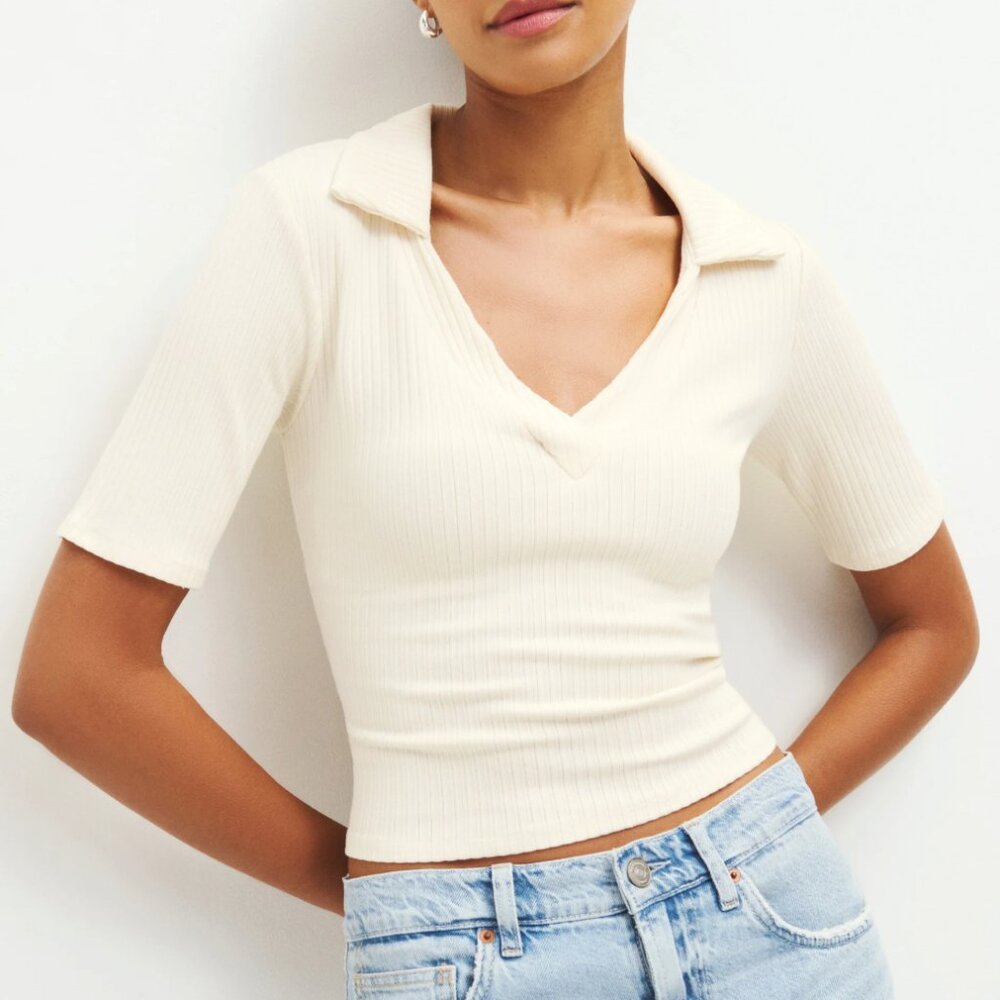 Reformation Rooney Top, Collared top, quarter sleeves, Ribbed knit, LIKE NEW
